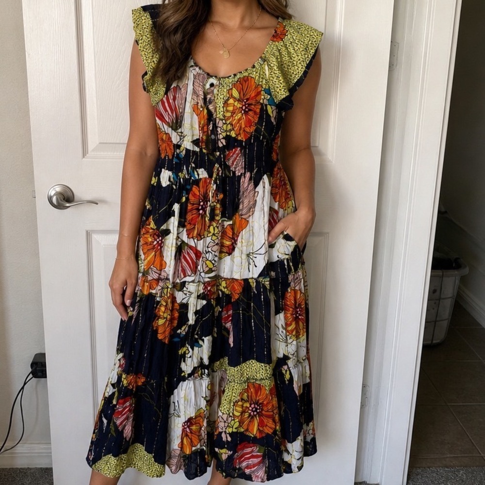 Me 2 Magic Floral Midi Dress XL Boho Tiered Smocked Metallic Gold Pockets s1